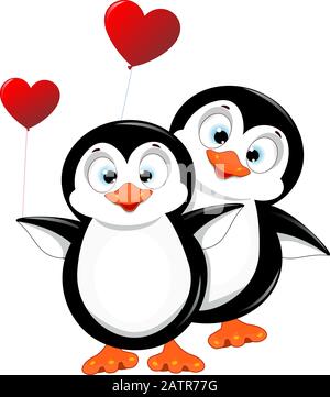 Deux pingouins avec des ballons en forme de coeur. Pingouins sur fond blanc. Petits pingouins. Illustration de Vecteur