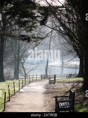 Chemin à travers le parc vide à l'étang avec des bancs en hiver Banque D'Images