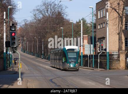 Nottingham Express transit NET Alstom Citidas tram 227 en passant par l'Université Nottingham Trent en courant dans la rue dans le centre-ville de Nottingham Banque D'Images