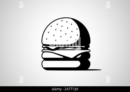 Burger fast food isolé icône noire. Hamburger avec tomates arc verts juteux rôti de boeuf fromage tranchez dans un pain avec sauce. Illustration vectorielle du symbole Cheeseburger fastfood Illustration de Vecteur