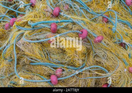 Filets de pêche enchevêtrés et flotteurs près du rivage. Banque D'Images