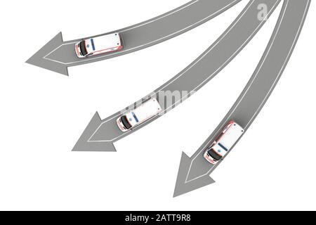 Trois Ambulance vont dans différentes directions isolées sur la vue de dessus blanche. rendu tridimensionnel Banque D'Images