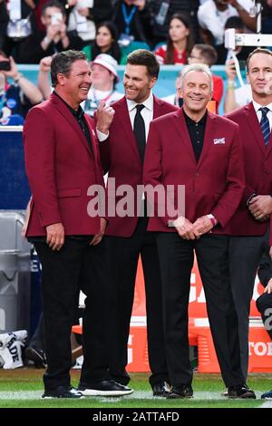 DaN Marino, Tom Brady et Joe Montana avant Super Bowl LIV entre les 49ers de San Francisco et les chefs de Kansas City tenus au Hard Rock Stadium à Miami Gardens, en Floride, le 2 février 2020. (Photo d'Anthony Behar/Sipa USA) Banque D'Images