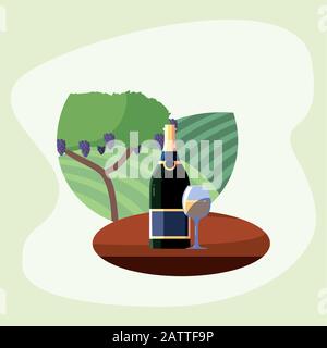 Bouteille de vin et tasse devant le raisin arbre design, cave de vinification alcool boissons restaurant et thème de célébration illustration vectorielle Illustration de Vecteur