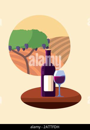 Bouteille de vin et tasse devant le raisin arbre design, cave de vinification alcool boissons restaurant et thème de célébration illustration vectorielle Illustration de Vecteur