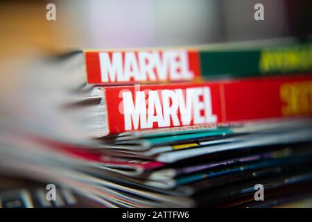 Bangkok, Thaïlande - 15 décembre 2019 : logo Marvel Comics sur les bandes dessinées. Banque D'Images