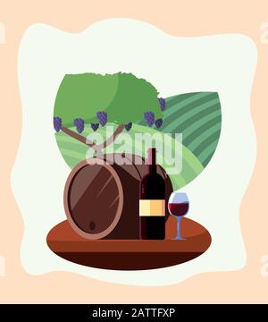 Tonneau et tasse de bouteilles de vin devant l'arbre à raisins, restaurant de boissons alcoolisées Winery et thème de célébration illustration vectorielle Illustration de Vecteur