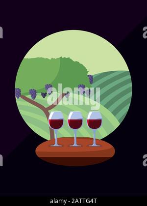 Tasses à vin devant le raisin arbre design, cave de vinification alcool boissons restaurant et thème de célébration illustration vectorielle Illustration de Vecteur