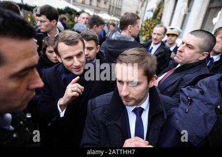 Cracovie, Pologne. 04 février 2020. Président français, Emmanuel Macron lors de la visite.deuxième journée de la visite officielle du Président Emmanuel Macron en Pologne. Après des réunions bilatérales fructueuses, la Pologne et la France ont signé un programme de coopération dans le cadre de leur "partenariat stratégique" et un futur sommet entre l'Allemagne, la France et la Pologne a été annoncé au sein du triangle de Weimar. Crédit: Sopa Images Limited/Alay Live News Banque D'Images