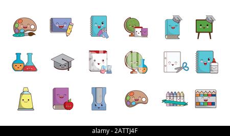 École kawaii caricatures ensemble d'icônes conception, Cours Eduaction cours de connaissances pré-école étude apprentissage salle de classe et thème primaire illustration vectorielle Illustration de Vecteur