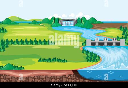 Scène avec de l'eau qui descend de l'illustration du barrage Illustration de Vecteur