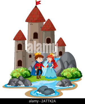 Scène avec le prince et la princesse par le grand château des tours illustration Illustration de Vecteur