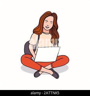 Jeune femme Assis utiliser un ordinateur portable, travailler sur un ordinateur portable, Adorable Personnage de dessin animé pour les affaires ou le concept d'éducation - illustration vectorielle plate Illustration de Vecteur