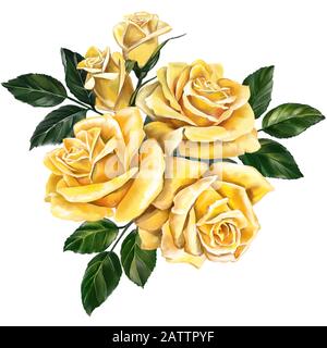 fleur rose jaune avec feuilles vertes, illustration d'art peinte avec des aquarelles isolées sur fond blanc. Banque D'Images