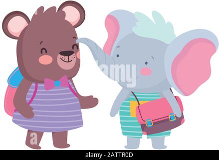 retour à l'école éducation mignon éléphant et ours fille avec sacs illustration vectorielle Illustration de Vecteur