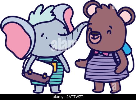 retour à l'école éducation mignon éléphant et ours fille avec sacs illustration vectorielle Illustration de Vecteur