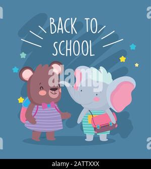 retour à l'école éducation mignon éléphant et ours fille avec sacs illustration vectorielle Illustration de Vecteur