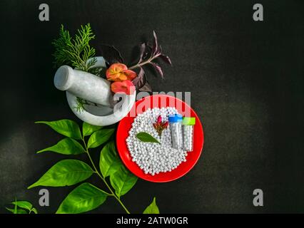 Concept de médecine homéopathique - vue de dessus des pilules homéopathiques Dispersées dans une plaque rouge avec congé vert, fleur et bouteilles de globules. Guérison Banque D'Images
