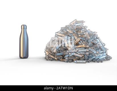 comparaison entre une bouteille réutilisable en acier inoxydable et un groupe de bouteilles vides en plastique. concept de déchets et utilisation éco-durable. rendu tridimensionnel. Banque D'Images