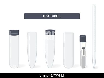 Tubes à essai médicaux et chimiques pour laboratoires sur fond blanc, illustration de flacons en verre Illustration de Vecteur