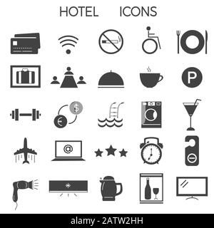 Ensemble de panneaux et d'icônes modernes illustrant les services et les équipements de l'hôtel Illustration de Vecteur