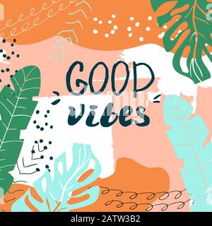 Modèle de carte d'été créatif avec feuilles et traits dessinés à la main. Illustration de Vecteur