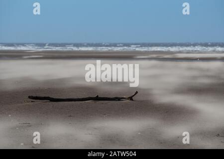 Sable soufflant sur une plage venteuse Banque D'Images