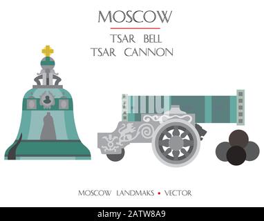 Vecteur coloré Tsar Bell et Tsar Cannon, sites célèbres de Moscou, Russie. Illustration plate vectorielle isolée sur fond blanc. Stock illustrati Illustration de Vecteur