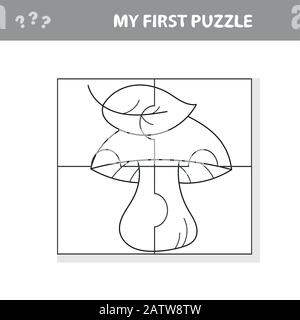 Champignon blanc de dessin animé avec feuilles. Jeu de papier Mon premier puzzle pour les enfants et les enfants - Livre de colorier Illustration de Vecteur