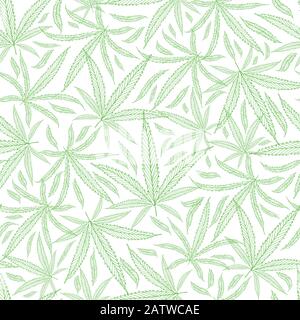 Contour vert cannabis feuilles texture arrière-plan. Motif vectoriel transparent sur fond blanc. Motif de répétition d'art de ligne dessiné à la main. Parfait pour Illustration de Vecteur