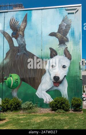 Street art avec des chiens jouant avec le ballon de tennis cassé, Prahran, Melbourne Banque D'Images