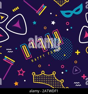 Motif carnaval Purim sans couture. Fond vectoriel avec symboles, masques et costumes juifs. Motif pour invitation de fête, carte de vœux ou bannière Illustration de Vecteur