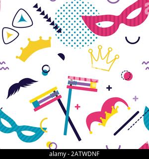 Motif carnaval Purim sans couture. Fond vectoriel avec symboles, masques et costumes juifs. Motif pour invitation de fête, carte de vœux ou bannière Illustration de Vecteur