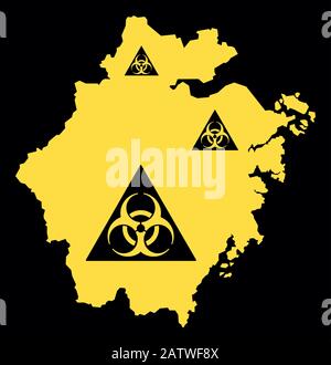 Carte de la province de Zhejiang en Chine avec signe de virus biodangereux Illustration de Vecteur