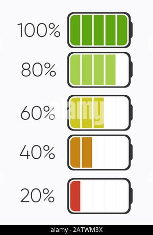 Pourcentage de charge ou niveau de charge de la batterie. Icône de charge des batteries. Symbole d'électricité - signe d'énergie. Illustration de la batterie d'alimentation. Illustration de Vecteur