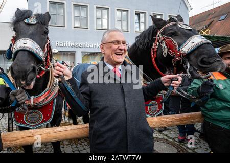 Berching, Allemagne. 05 février 2020. Joachim Herrmann (CSU), ministre bavarois de l'intérieur, se tient entre deux chevaux sur le marché des chevaux de Berching. Le Berchinger Rossmarkt est considéré comme le plus grand festival folklorique d'hiver de l'État libre. Crédit: Armin Weigel/Dpa/Alay Live News Banque D'Images