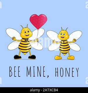 Deux abeilles en amour personnages de dessin animé avec coeur ballon. Soyez le mien, miel. Illustration de Vecteur