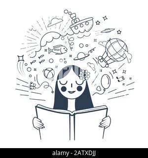 Fille lisant un livre et imaginant l'histoire. Icône dans un style linéaire. Illustration en noir et blanc Illustration de Vecteur