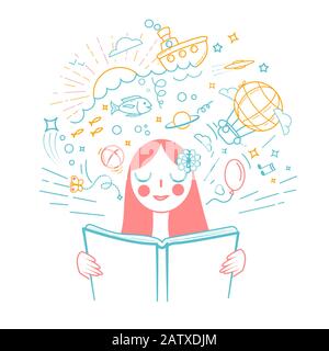 Fille lisant un livre et imaginant l'histoire. Icône dans un style linéaire. Illustration de Vecteur