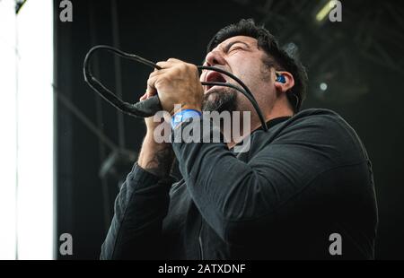 Copenhague, Danemark. 22 juin 2018. Le groupe de rock américain Deftones organise un concert en direct lors du festival danois de métaux lourds Copenhague 2018. Ici le chanteur Chino Moreno est vu en direct sur scène. (Crédit Photo: Gonzales Photo - Nikolaj Bransholm). Banque D'Images