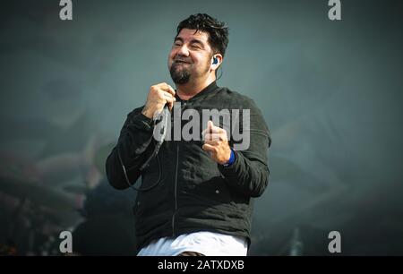 Copenhague, Danemark. 22 juin 2018. Le groupe de rock américain Deftones organise un concert en direct lors du festival danois de métaux lourds Copenhague 2018. Ici le chanteur Chino Moreno est vu en direct sur scène. (Crédit Photo: Gonzales Photo - Nikolaj Bransholm). Banque D'Images