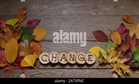 Changement de feuilles colorées sur des planches en bois et des morceaux de bois avec les lettres orthographiques CHANGEMENT brûlé en eux Banque D'Images