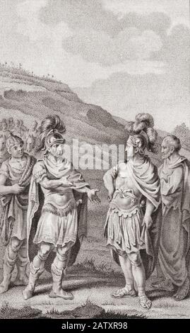 Le chef de Carthaginian Hannibal et le général romain Scipio se rencontrent pour discuter des termes possibles avant la bataille de Zama en Tunisie moderne, 202 avant J.-C. La bataille, gagnée par les Romains, a mis fin à la seconde guerre Punic. Banque D'Images