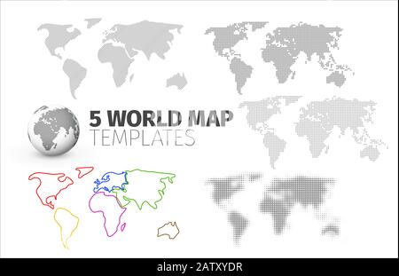Collection de modèles de carte mondiale fabriqués à partir de lignes diagonales, de points ou de demi-teintes pour vos rapports infographiques Illustration de Vecteur