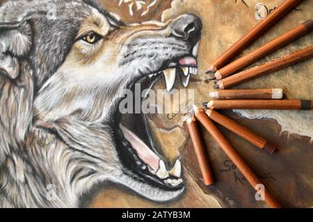 Magnifique peinture d'art animal avec un loup agressif Banque D'Images