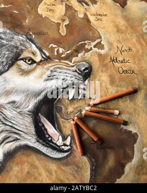 Magnifique peinture d'art animal avec un loup agressif Banque D'Images