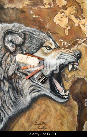 Magnifique peinture d'art animal avec un loup agressif Banque D'Images