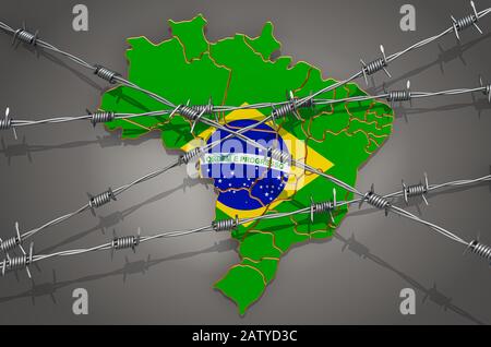Carte du Brésil avec fil barbelé, rendu tridimensionnel sur fond gris Banque D'Images