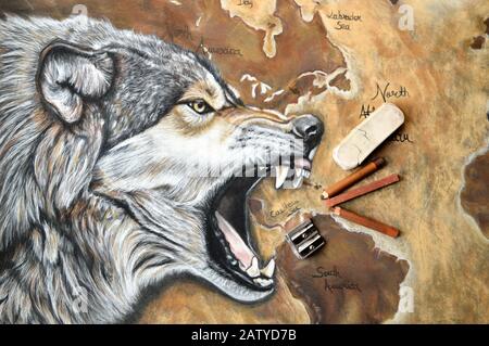 Magnifique peinture d'art animal avec un loup agressif Banque D'Images