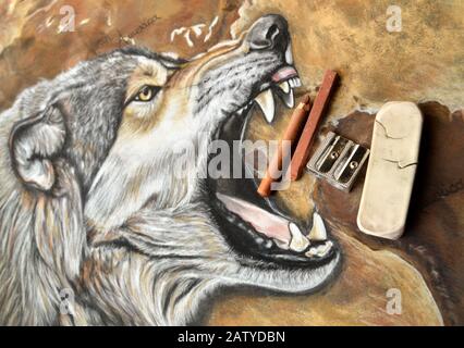 Magnifique peinture d'art animal avec un loup agressif Banque D'Images